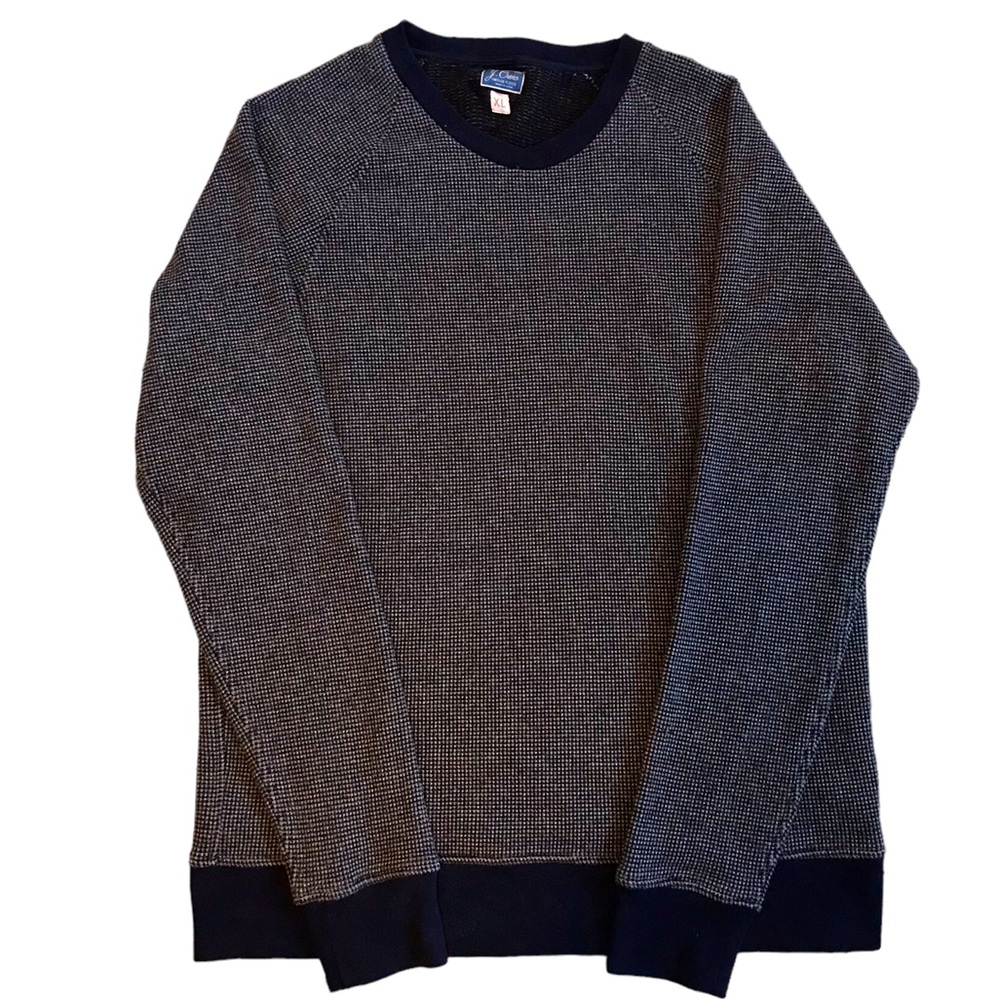 Navy Blue And White Herringbone Long Sleeve Crewneck Classic Cotton Sweater